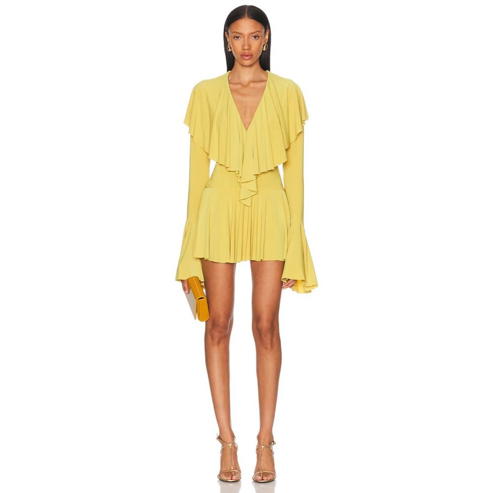 Norma Kamali Long Sleeve Deep V Ruffle Mini Dress in Asparagus - Picture 3 of 5